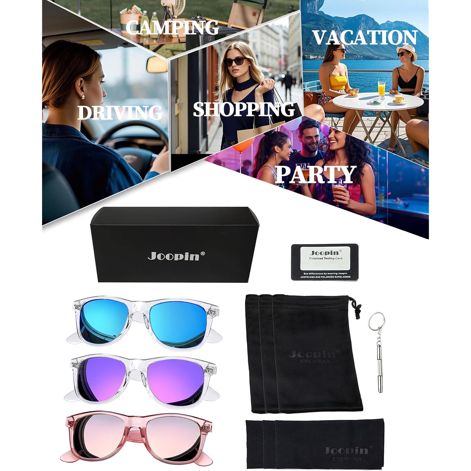Joopin 3 Pack Square Sunglasses Polarized UV Protection Trendy Sun Glassses Fashion Shades for Women Men H13-pink Pink+ Clear Purple + Clear Blue