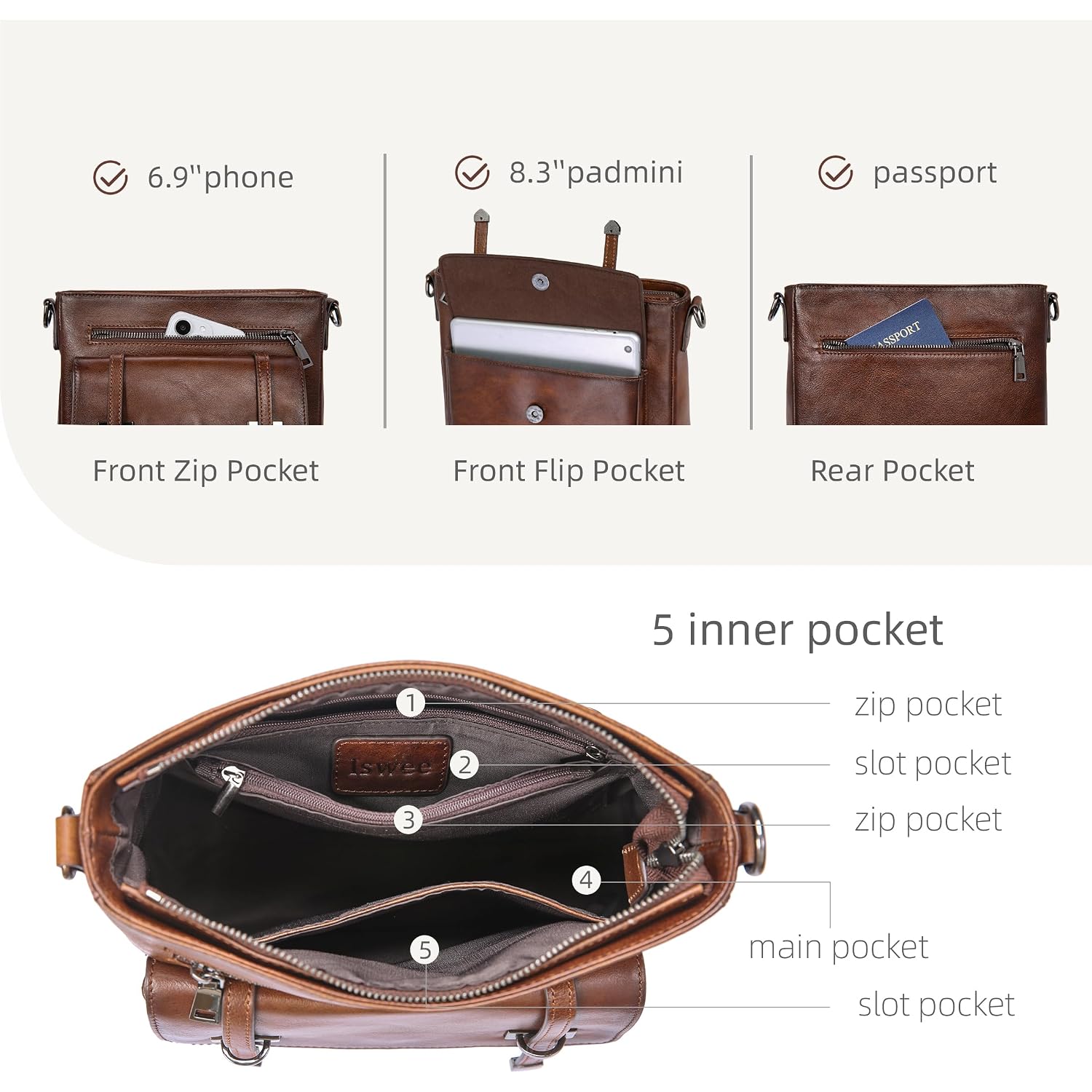 Iswee Soft Leather Crossbody Bags For Women Shoulder Handbags Multi Pocket Travel Purse With Adjustable Strap Medium Size