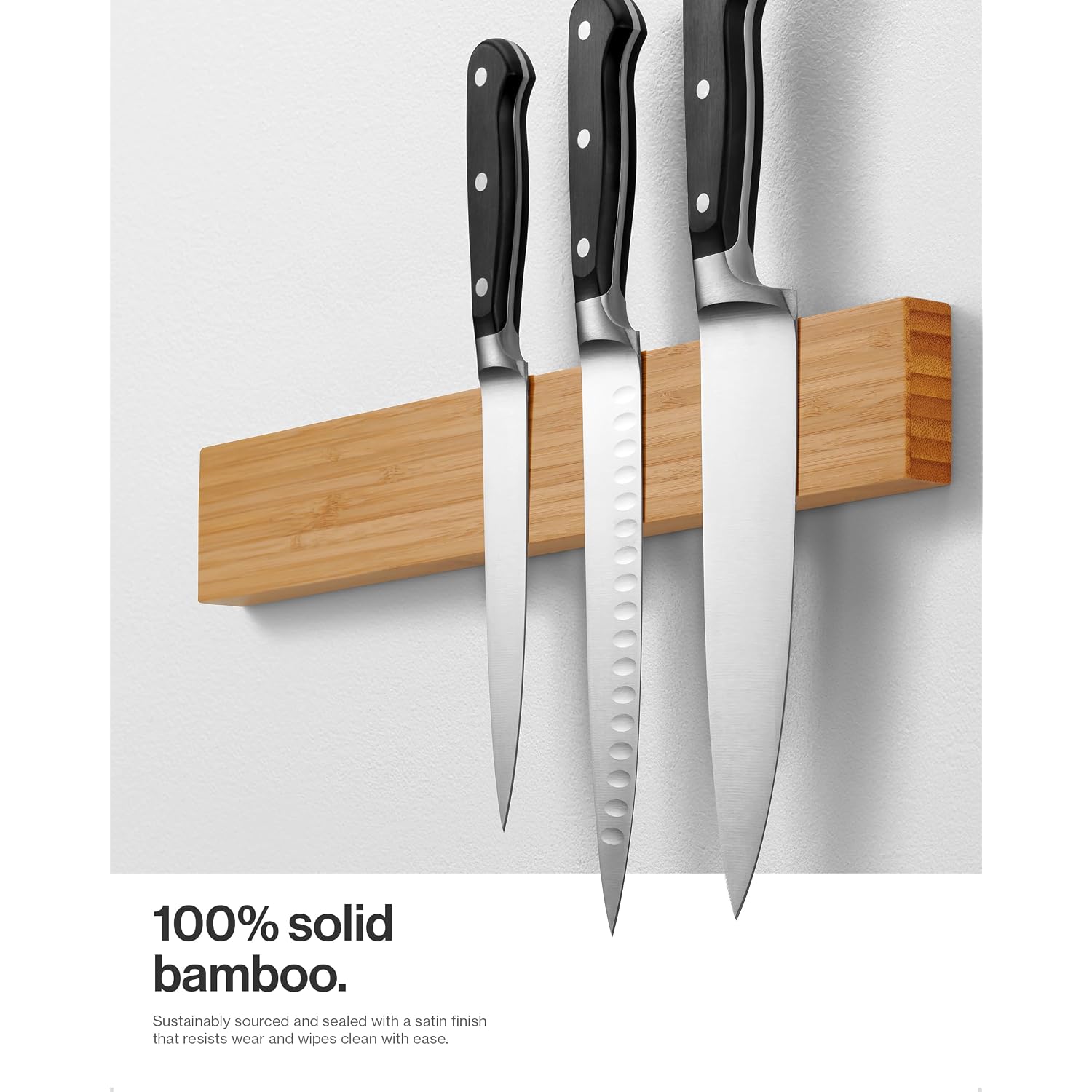 Larhn Magnetic Knife Holder For Wall Or Fridge - No-Drill Bamboo Knife Magnetic Strip, 16″ - Renter Friendly