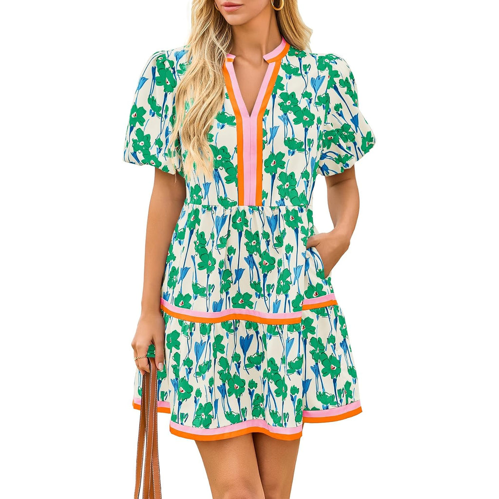 Cicy Bell Womens V Neck Floral Mini Dress Short Puff Sleeve Patchwork Summer Casual Boho Dresses