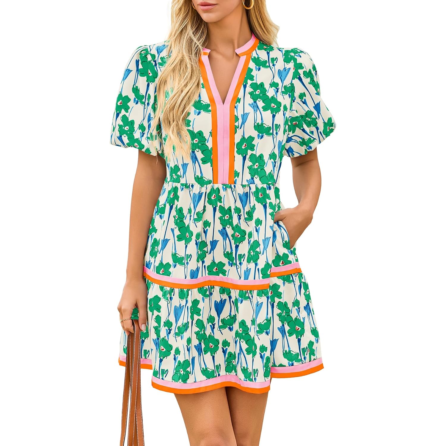 Cicy Bell Womens V Neck Floral Mini Dress Short Puff Sleeve Patchwork Summer Casual Boho Dresses