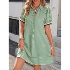 Wenrine Womens Summer Striped Mini Dresses Puff Short Sleeve Loose Fit Casual Button Collared Shirt Dress With Pockets