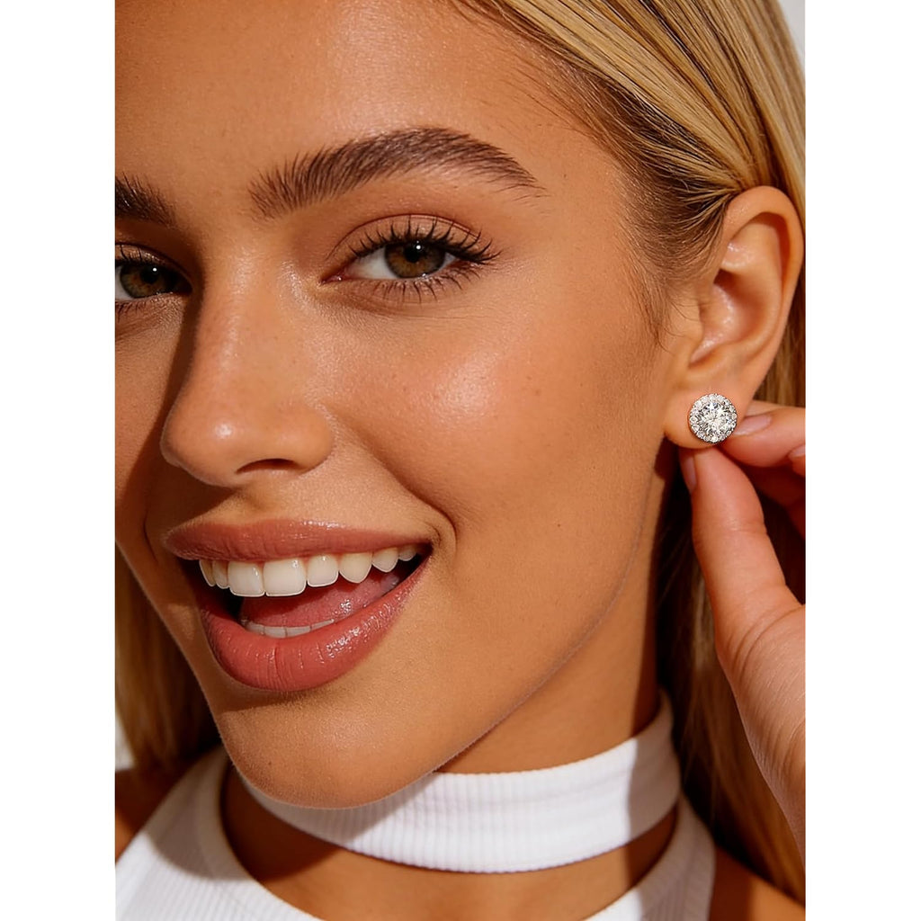 4 Pairs Silver Stud Earrings for Women, 18K Silver Plated Hypoallergenic Premium Cubic Zirconia Earrings, Halo Round Square Stud Earrings Set for Women Men