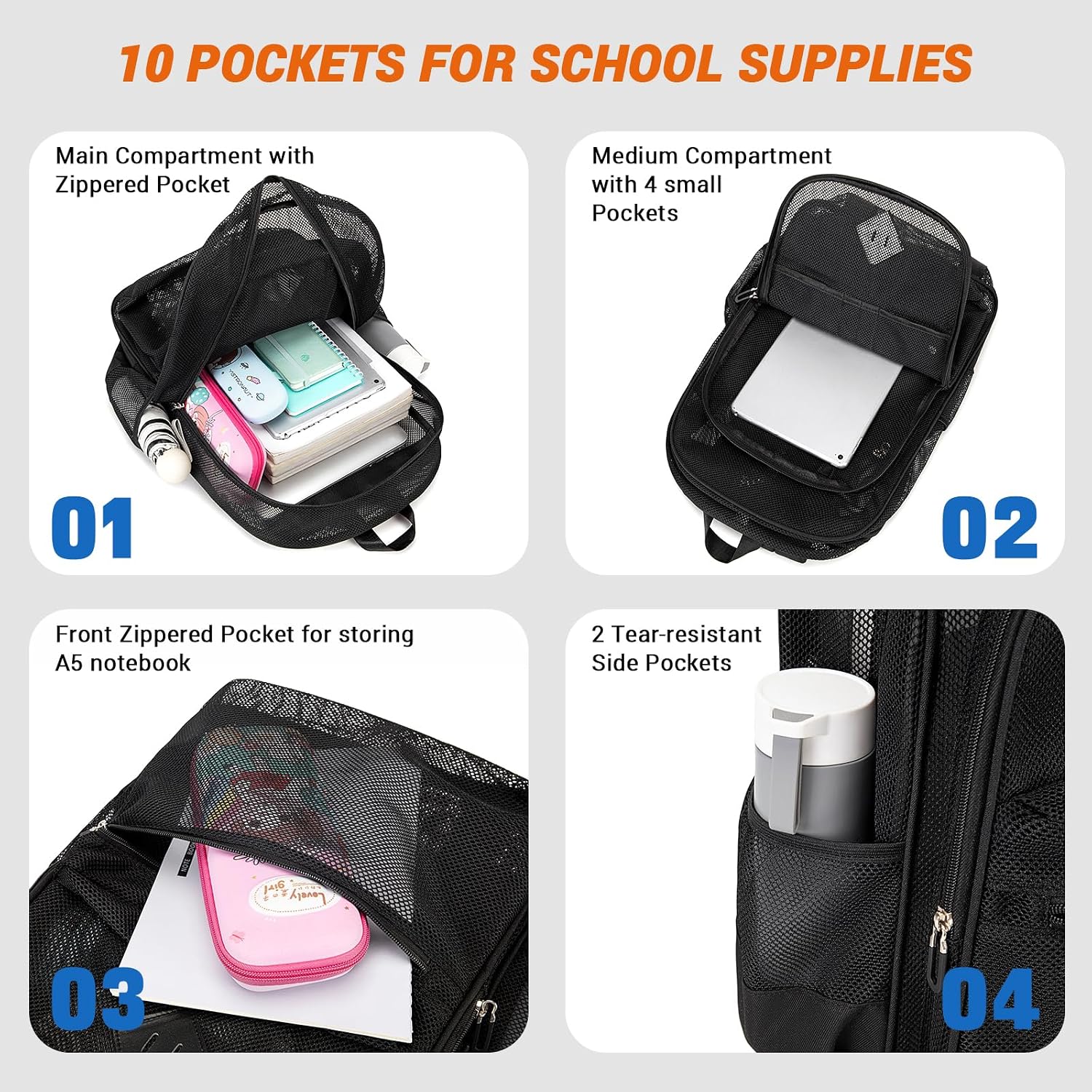 Mesh Backpack Heavy Duty, See Through School Backpack Transparent Bookbag For Swimming, Beach, Sports, Work, Travel