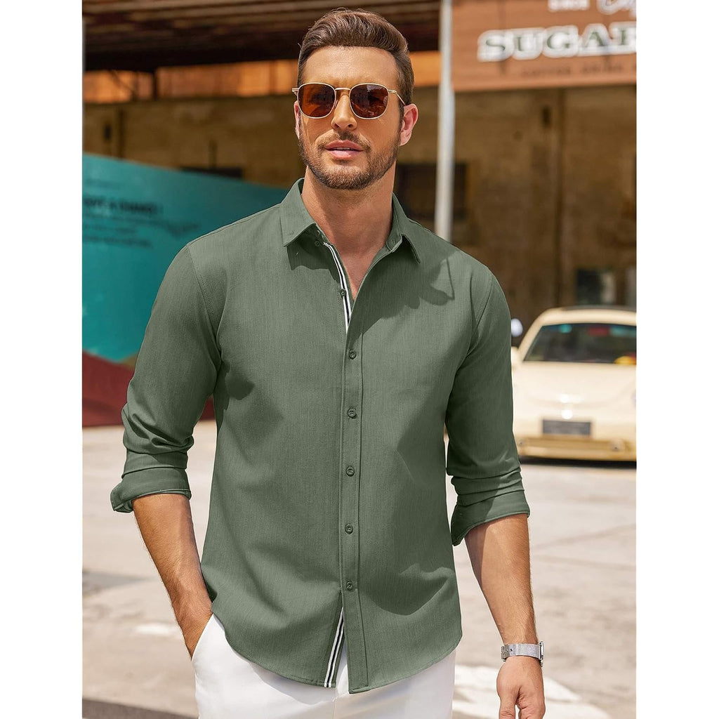 Coofandy Mens Casual Button Down Shirt Untucked Long Sleeve Stretch Denim Dress Shirt