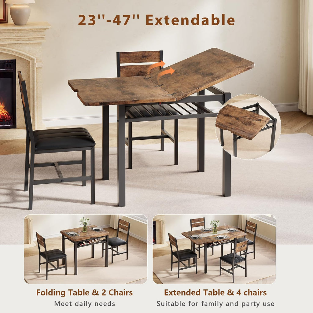 Dining Table Set For 4, Extendable Kitchen Table With 4 Pu Leather Upholstered Dining Room Chairs, Wood Kitchen Table Set With Built-In Storage Rack For Dining & Small Spaces, Rustic Brown
