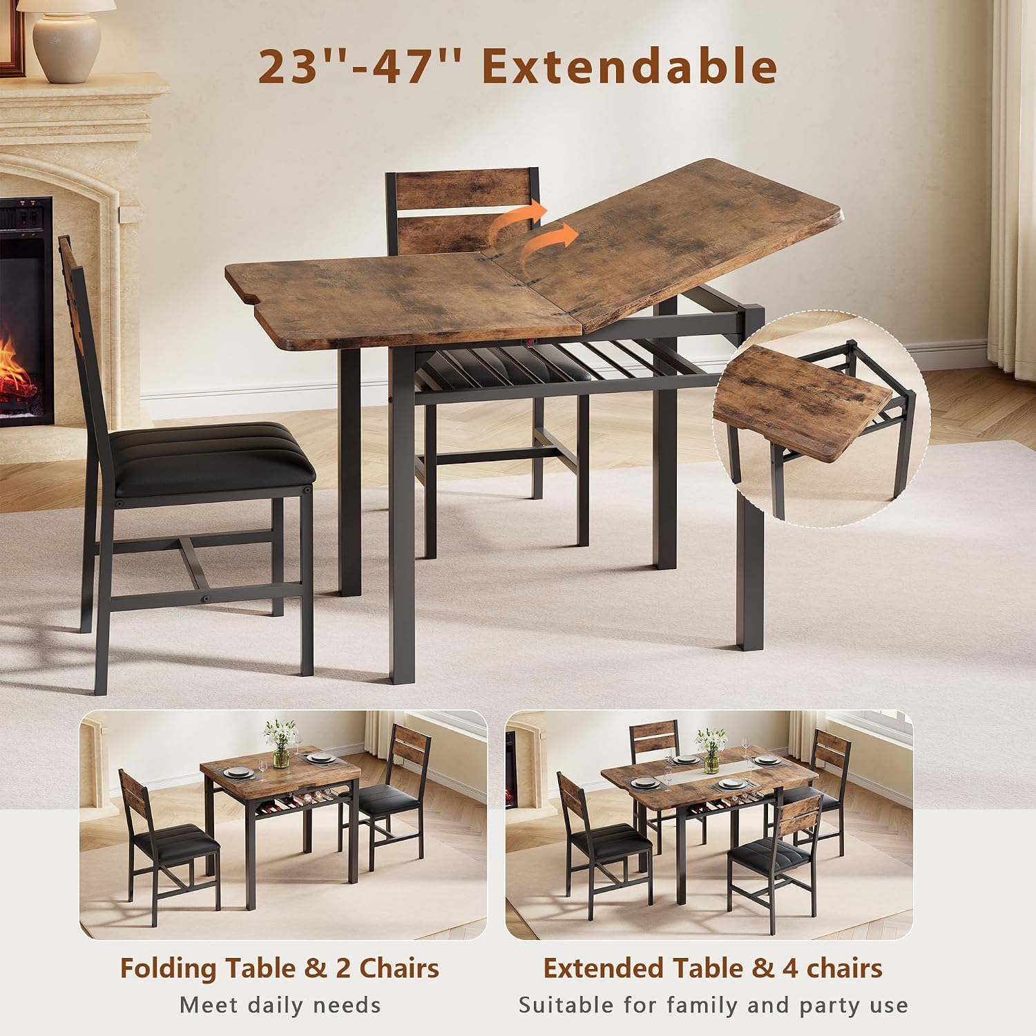 Dining Table Set For 4, Extendable Kitchen Table With 4 Pu Leather Upholstered Dining Room Chairs, Wood Kitchen Table Set With Built-In Storage Rack For Dining & Small Spaces, Rustic Brown