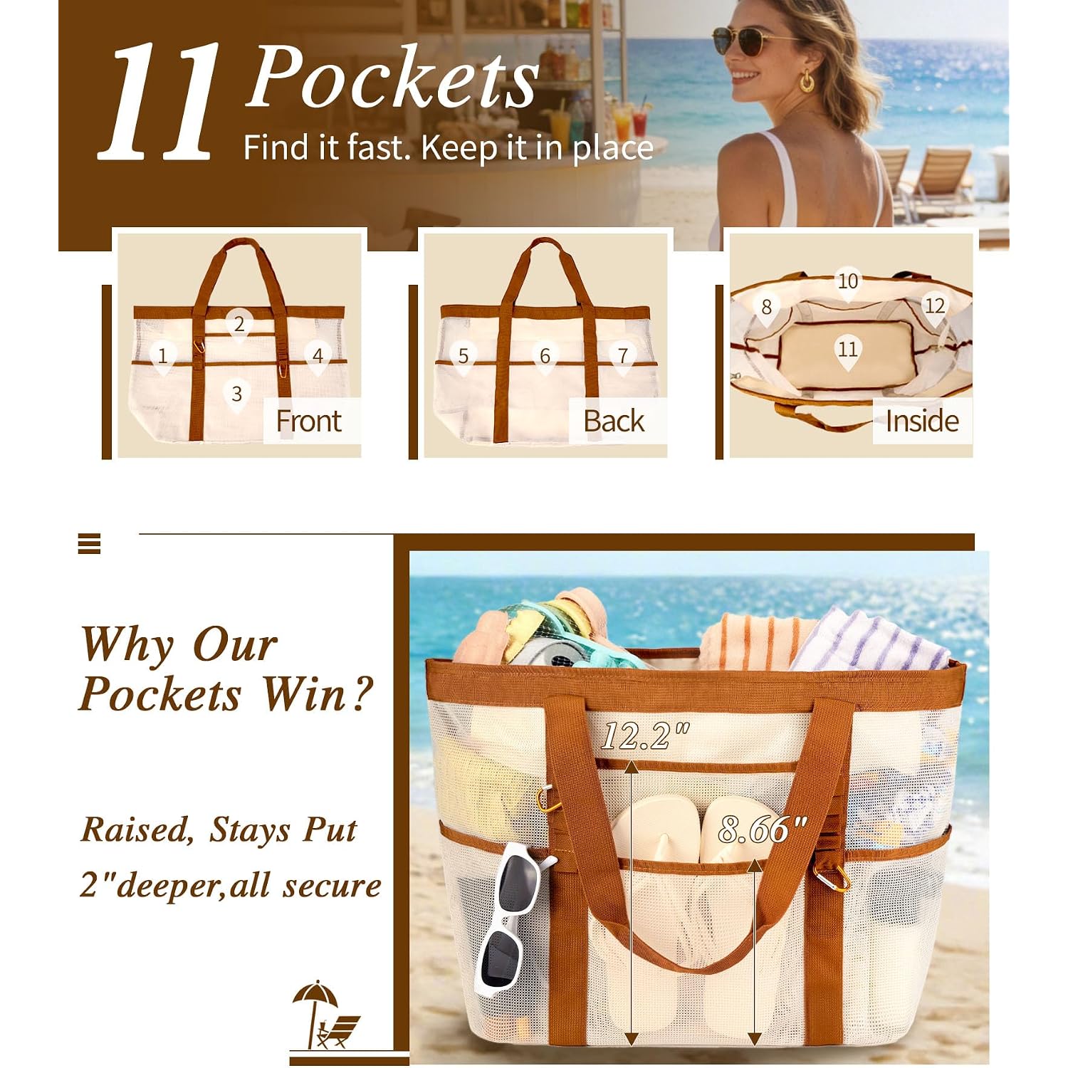 2026 Stylish & Spacious Xx-Large Beach Bag For Women – Mesh × Canvas Tote With Top Zipper, 11 Tall Pockets | 40L+ Spacious