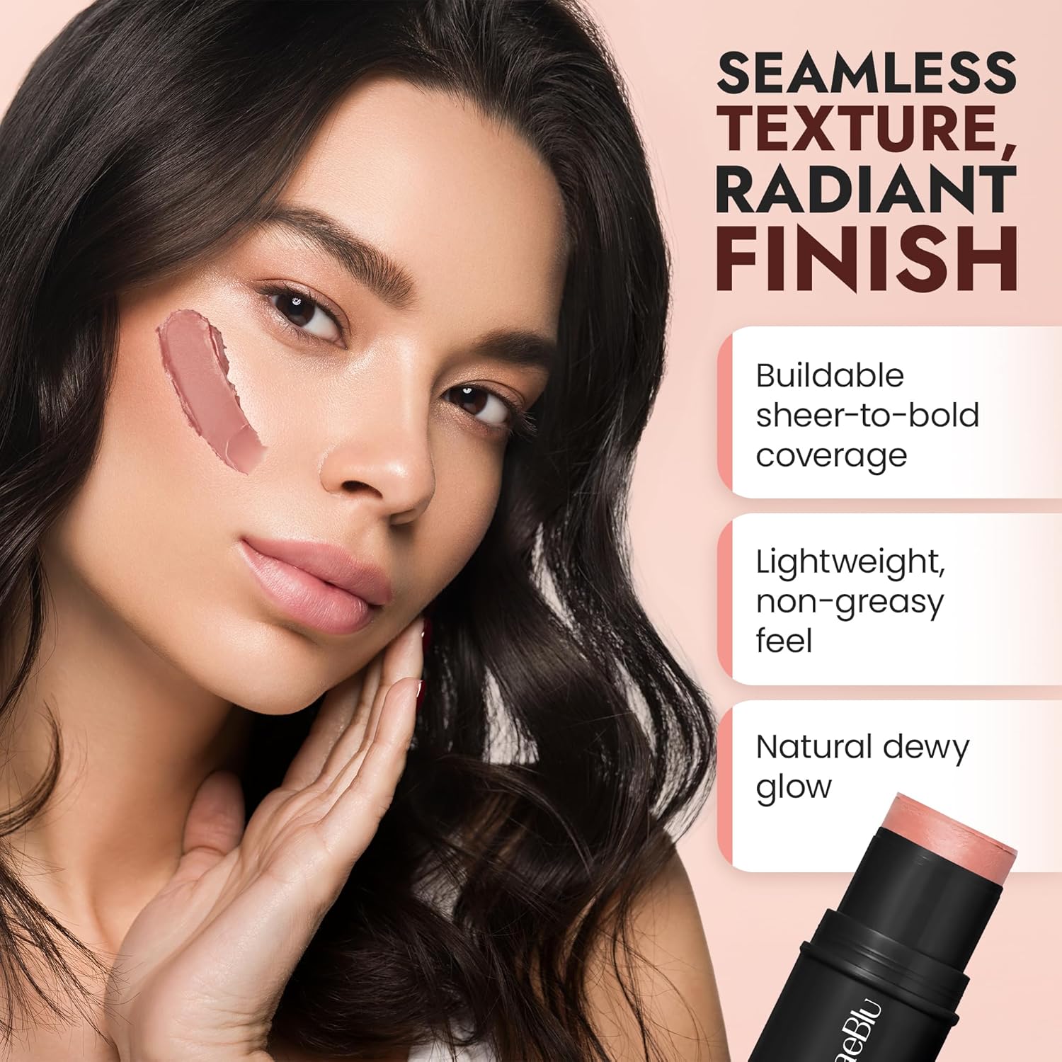 BaeBlu - Organic Blush Tube, Rose - 100% Natural Vegan Cream Blush Sticks, Multi-Use Bronzer, & Highlighter for Lips, Cheeks & Eyes, Buildable Shimmer, Gluten-Free, Paraben-Free, Made in USA