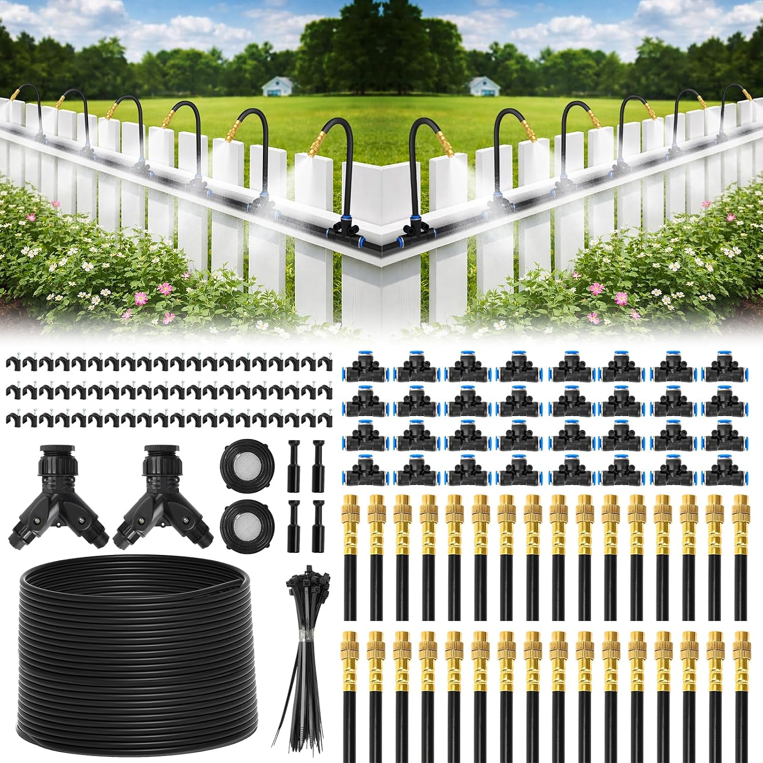 Pro-Series Drip Irrigation System, 200Ft 1/4" Garden Watering System With 32Pcs 360° Bendable Copper Nozzles, Leak-Free Quick-Connect Misting Sprinkler Kit For Patio, Raised Beds, Yard, Greenhouse