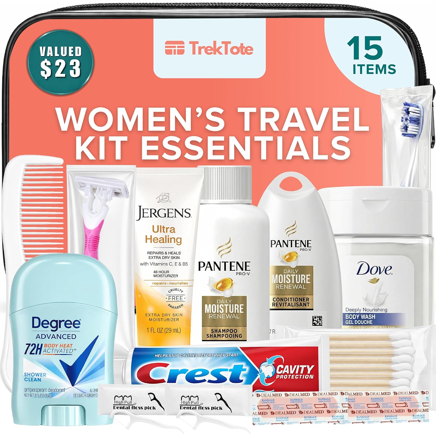 15-Piece Women’S Travel Toiletry Kit – Premium Brand-Name Shampoo, Conditioner, Body Wash, Deodorant & Toothpaste, Tsa Approved Travel Size Set With Clear Bag