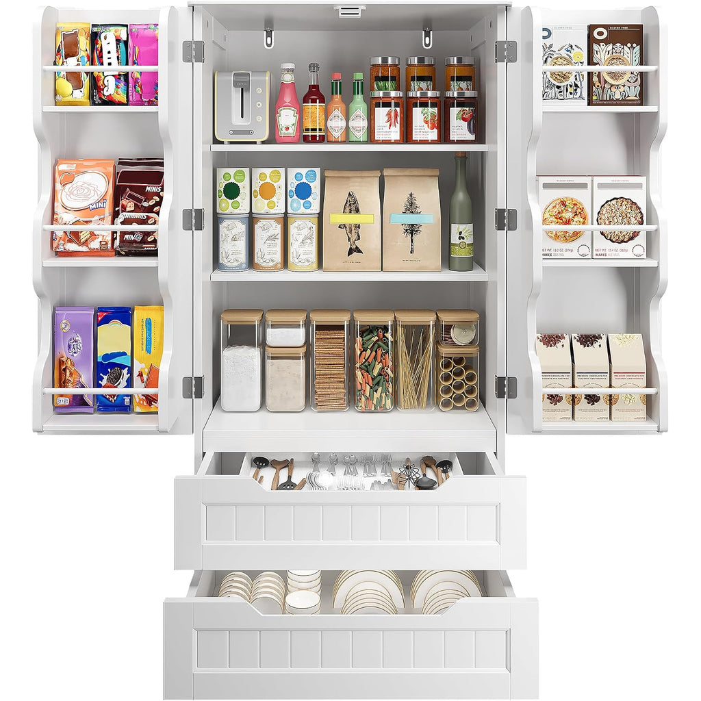 Gizoon Kitchen Pantry Cabinet With Drawers For Dining Room, 47" Small Food Pantry Storage Cabinet With 6 Door Shelves For Snack And Spice, Craft Storage Cabinet For Craft Room, White, Painted