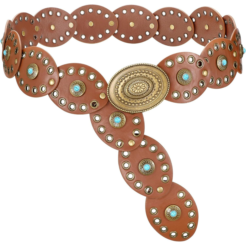 WERFORU Women Western Belts Wide Disc Belt with Turquoise for Dress Cowgirl Country Belt Boho Concho Leather Belt for Concert