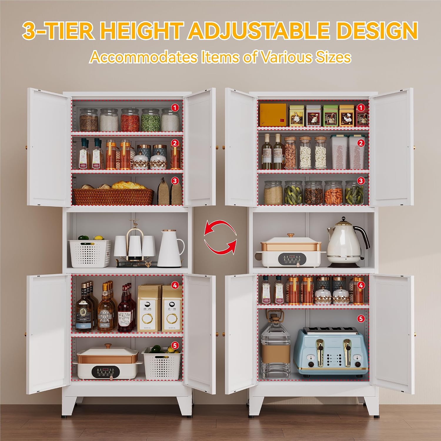 69" Tall Metal Kitchen Pantry Cabinet With Microwave Shelf, 4 Doors & 3 Adjustable Shelves, Heavy Duty Food Storage Cabinet With Anti-Tip Design For Kitchen,Dining Room (1Pc,White)