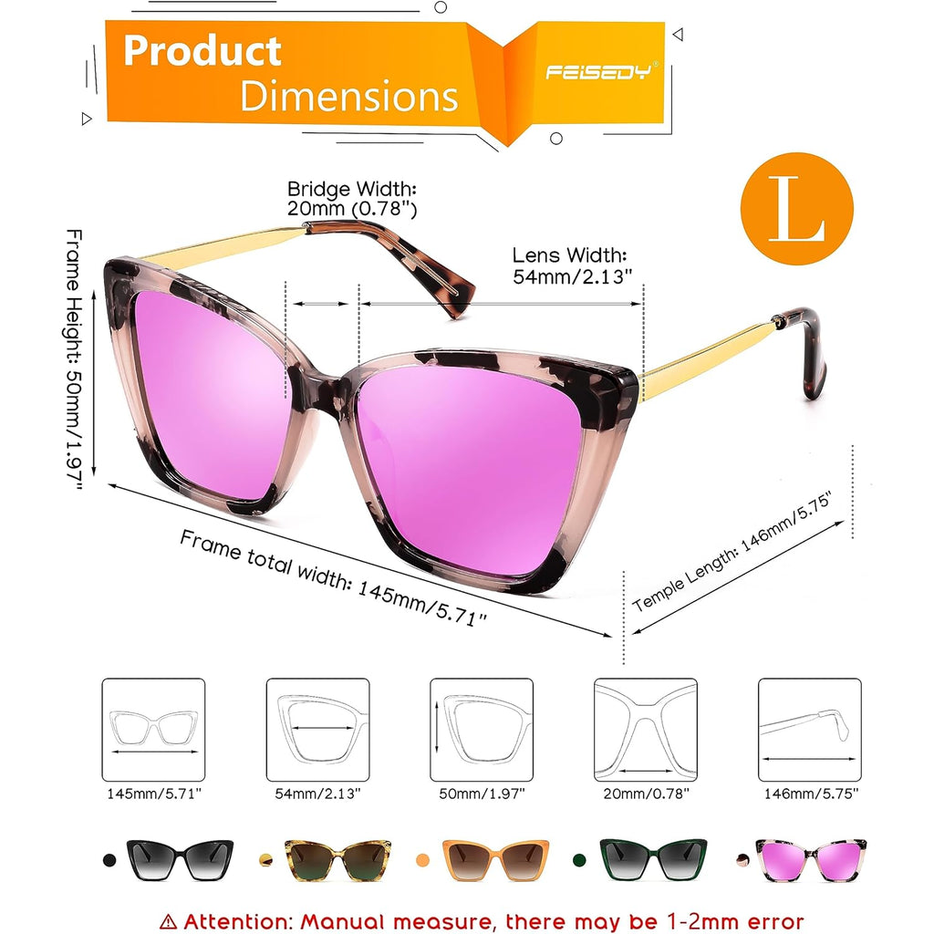 FEISEDY Trendy Polarized Women Sunglasses, Retro Womens Square Cat Eye Sun Glasses B4134