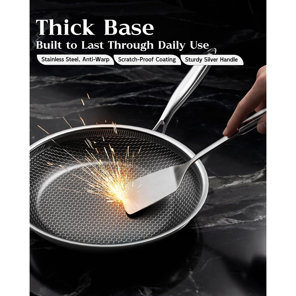 Nonstick Frying Pan with Lid 7-Inch, Durable Stainless Steel Skillet, Induction Cooktop Compatible, PFOA-Free Scratch-Proof, Dishwasher & Oven Safe, Stay-Cool Handle, Silver Kitchen Cookware