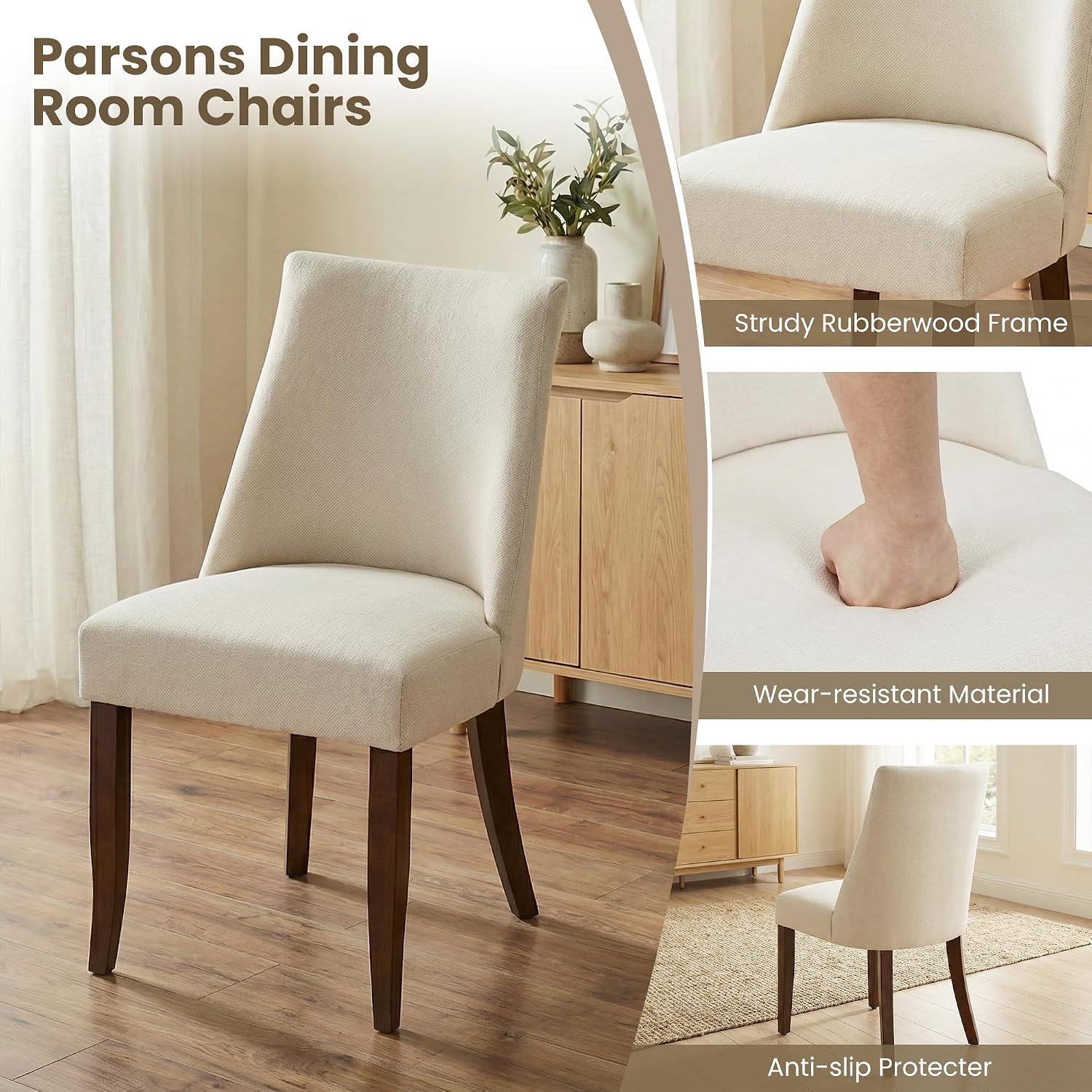 Wooden Dining Chairs Set Of 4, Upholstered Farmhouse Fabric Dining Room Chair, Mid Century Kitchen Chair For Restaurant & Cafe, Beige