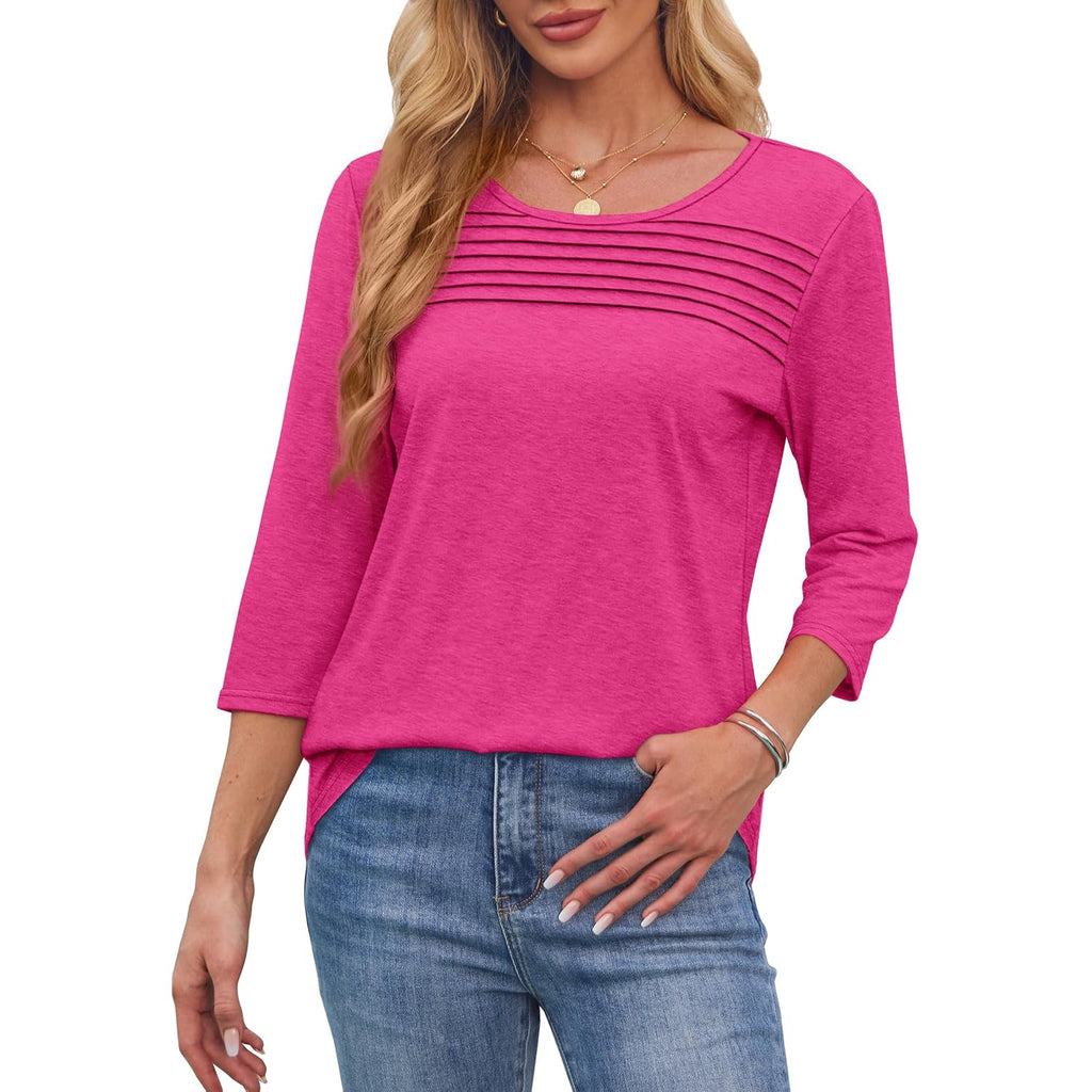 Ofeefan Womens Tops 3/4 Length Sleeve Blouses Dressy Casual Spring Summer Fall Outfits Pleated Front T Shirts Curved Hem