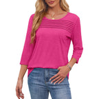 Ofeefan Womens Tops 3/4 Length Sleeve Blouses Dressy Casual Spring Summer Fall Outfits Pleated Front T Shirts Curved Hem