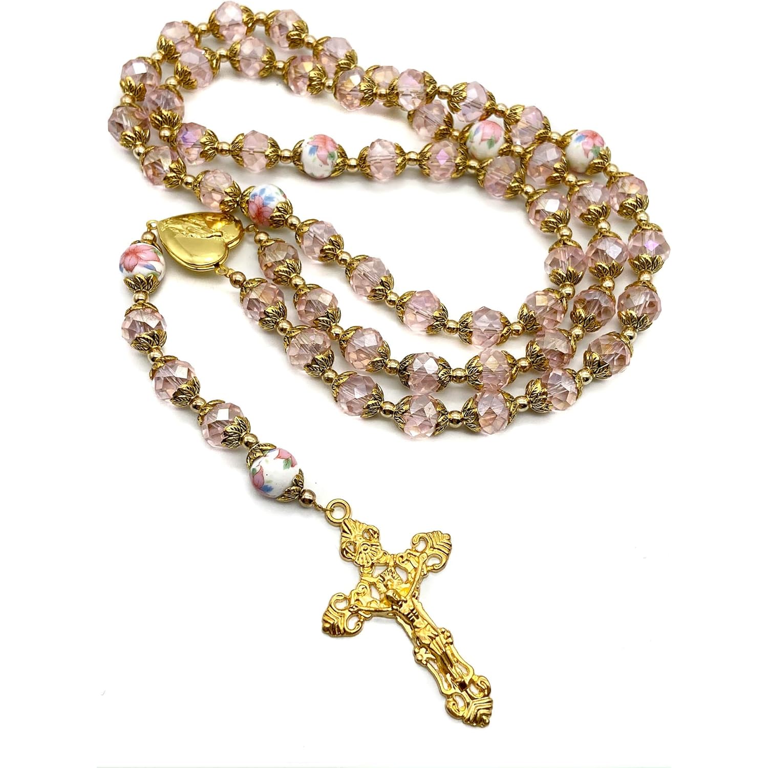 Nazareth Store Catholic Pink Crystal Beads Gold Rosary Flowers Beaded Necklace Holy Mary Heart Locket Medal & Cross Religious Amulet for Women