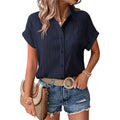 Womens Button Down Shirts Casual Short Sleeve Dress Shirt Textured Collared Summer Clothes Work Blouse