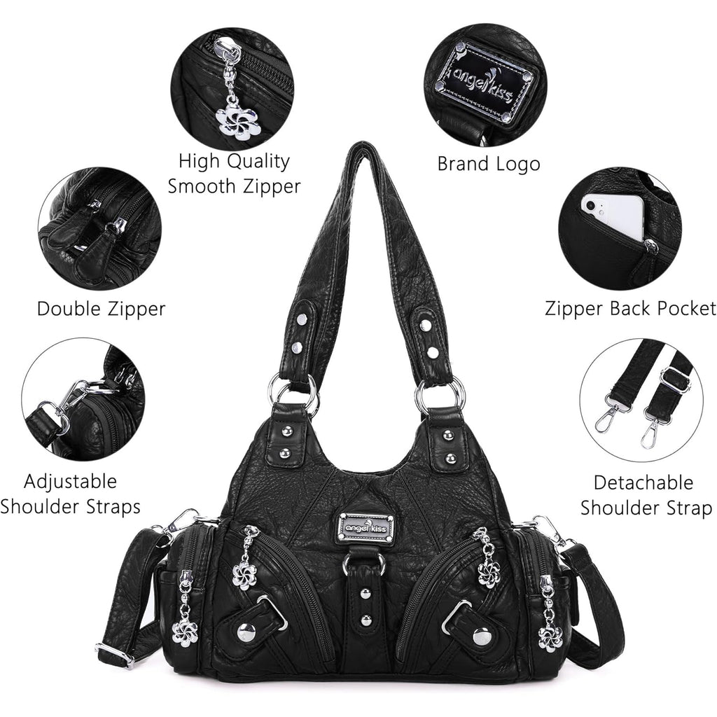 Angel Kiss Purses for Women Small Hobo Shoulder Bags Vagen Leather Multi-Pocket Tote Bag with Zipper