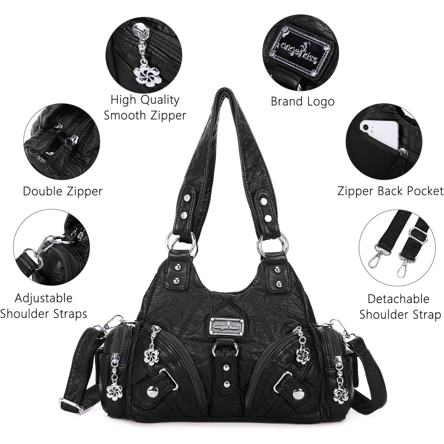 Angel Kiss Purses for Women Small Hobo Shoulder Bags Vagen Leather Multi-Pocket Tote Bag with Zipper