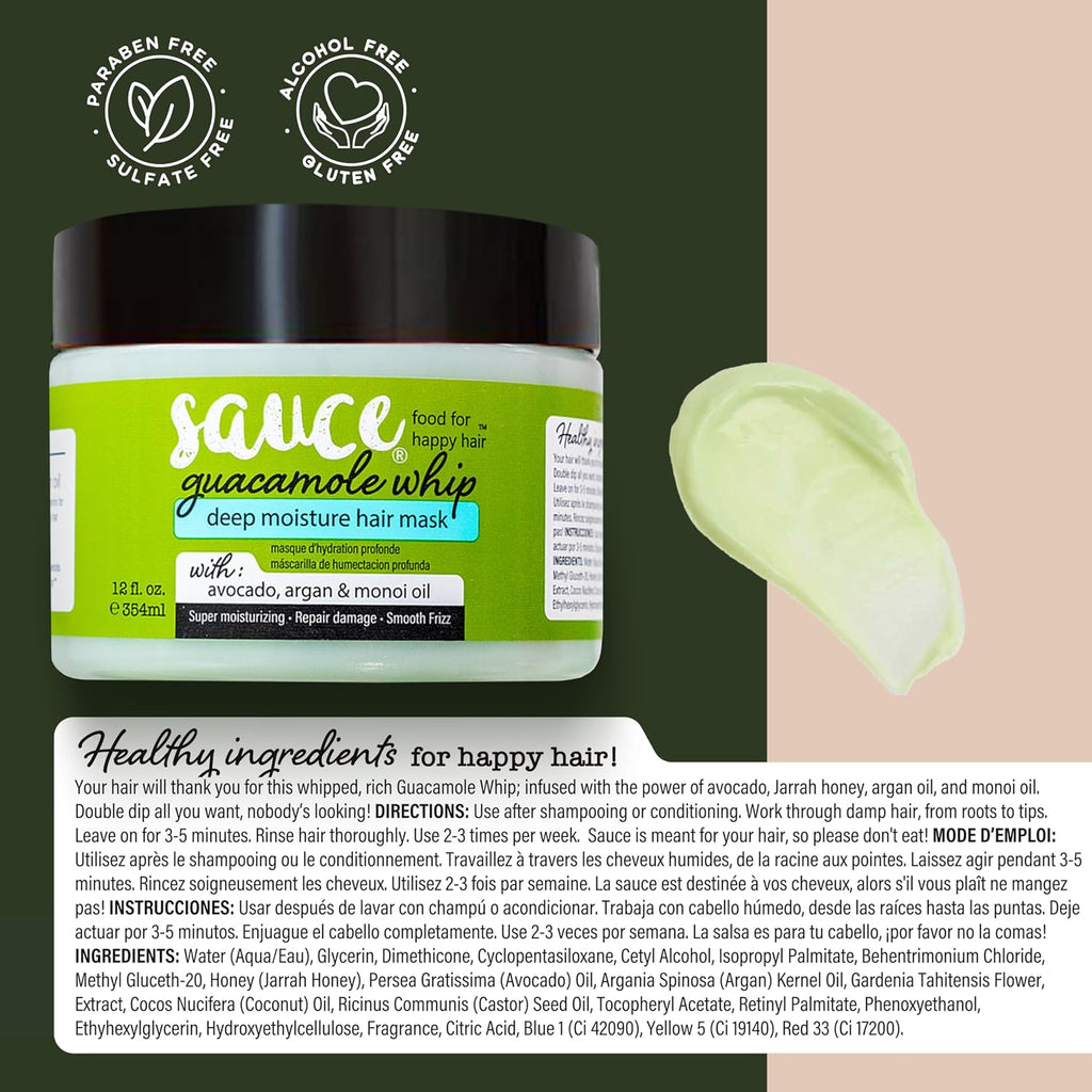 Sauce Deep Conditioning Hair Mask For Dry Damaged Hair, Guacamole Whip (12 Fl Oz) Frizz Control With Avocado, Jarrah Honey, Monoi & Argan Oil
