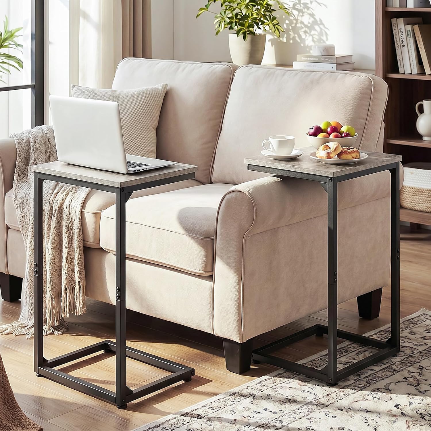Amhancible C Shaped End Tables Set Of 2, Couch Side Tables That Slide Under Sofa, Slim Tv Trays For Living Room And Bedroom, Narrow Space Saving Laptop Workstation, Grey, Het02Bgy