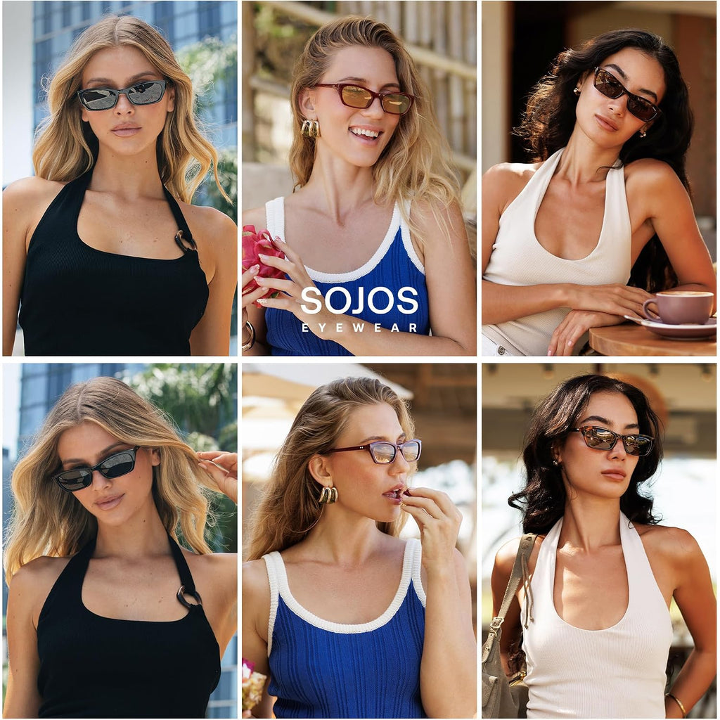 SOJOS Trendy Cat Eye Polarized Sunglasses for Women Men, Lightweight Retro 90s Y2K Small Thin Rectangle Sunnies SJ2670 Dark Tortoise/Grey