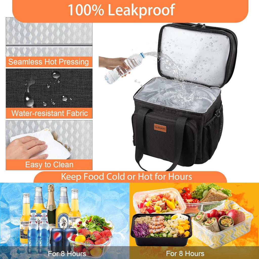 GLENKEY Expandable Lunch Box Cooler Bag - Insulated Soft Lunch Bag for Men Women - Large Lunchbox for Adults Work Camping Outdoor Travel Black 16L