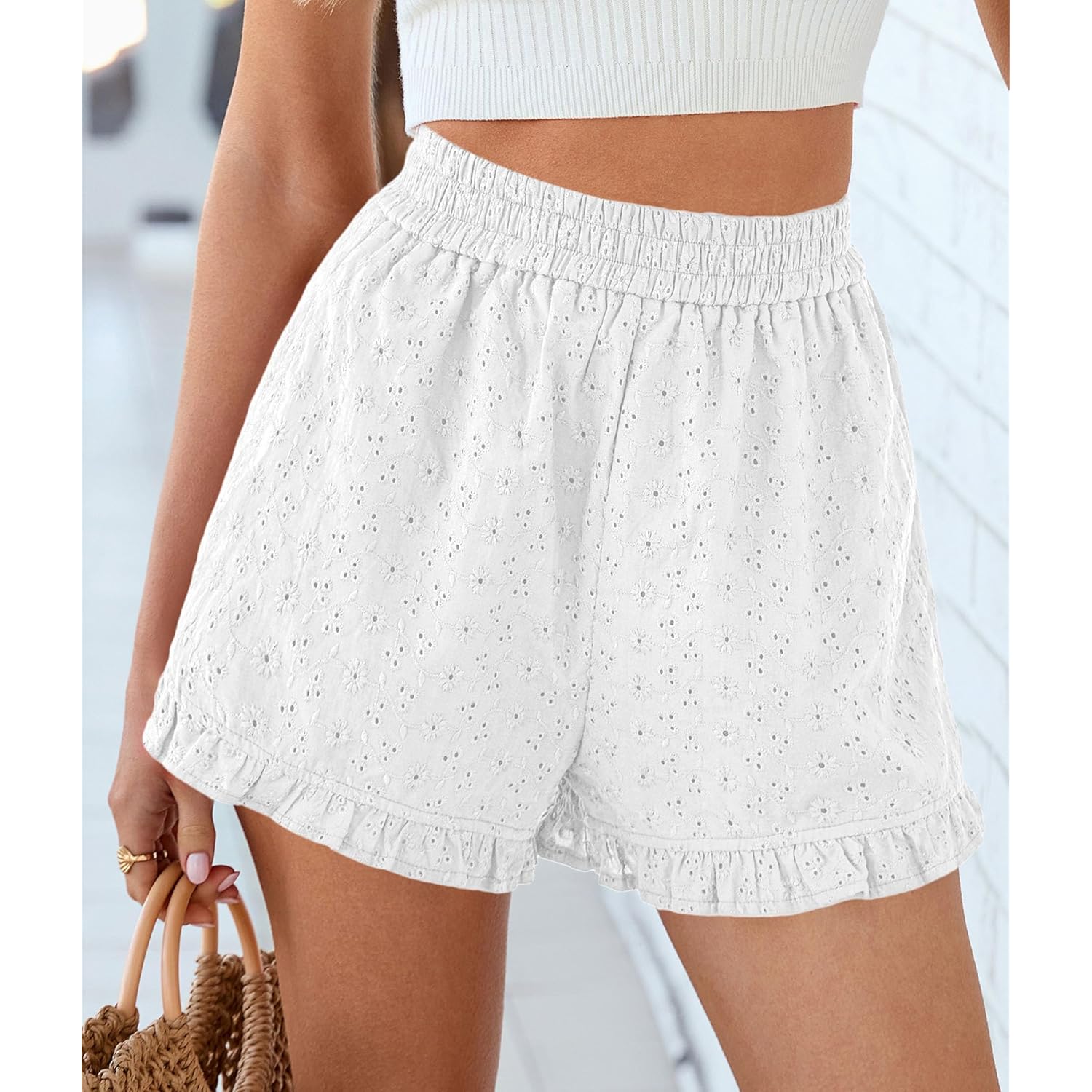 Shorts for Women Summer 2026 Beach Vacation Clothes Spring Elastic Waist Embroidered Ruffle Shorts with Pockets