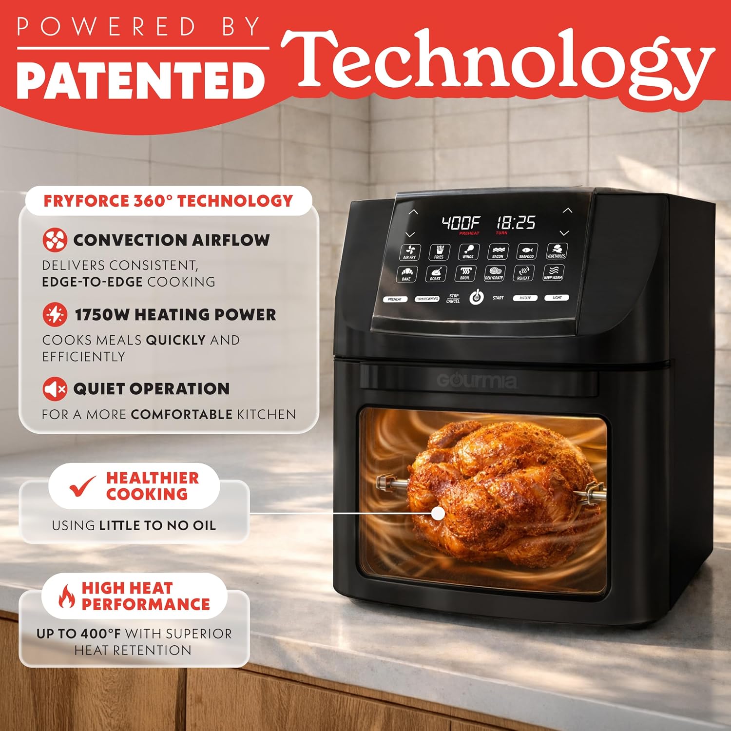 Gourmia Air Fryer - 14 Qt All-In-One Oven With Rotisserie, Digital Display With 12 Presets, Roast, Bake, Broil, Dehydrate, Dishwasher Safe Accessories, Black
