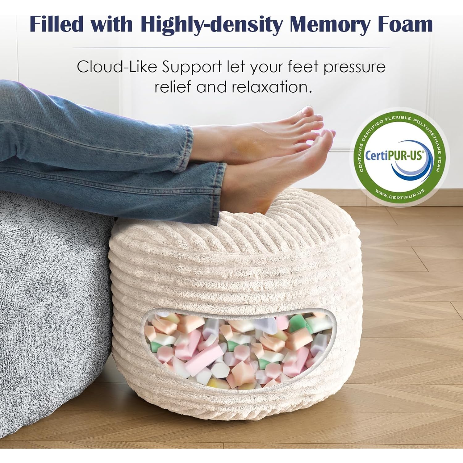 Stuffed Round Ottoman,Corduroy Pouf Ottoman Foot Rest,18 X 14 In,Beige | Memory Foam Filling,Pouf Storage Ottoman Footstool For Living Room,18 X 14 Floor Poufs For Couch,Footrest Only