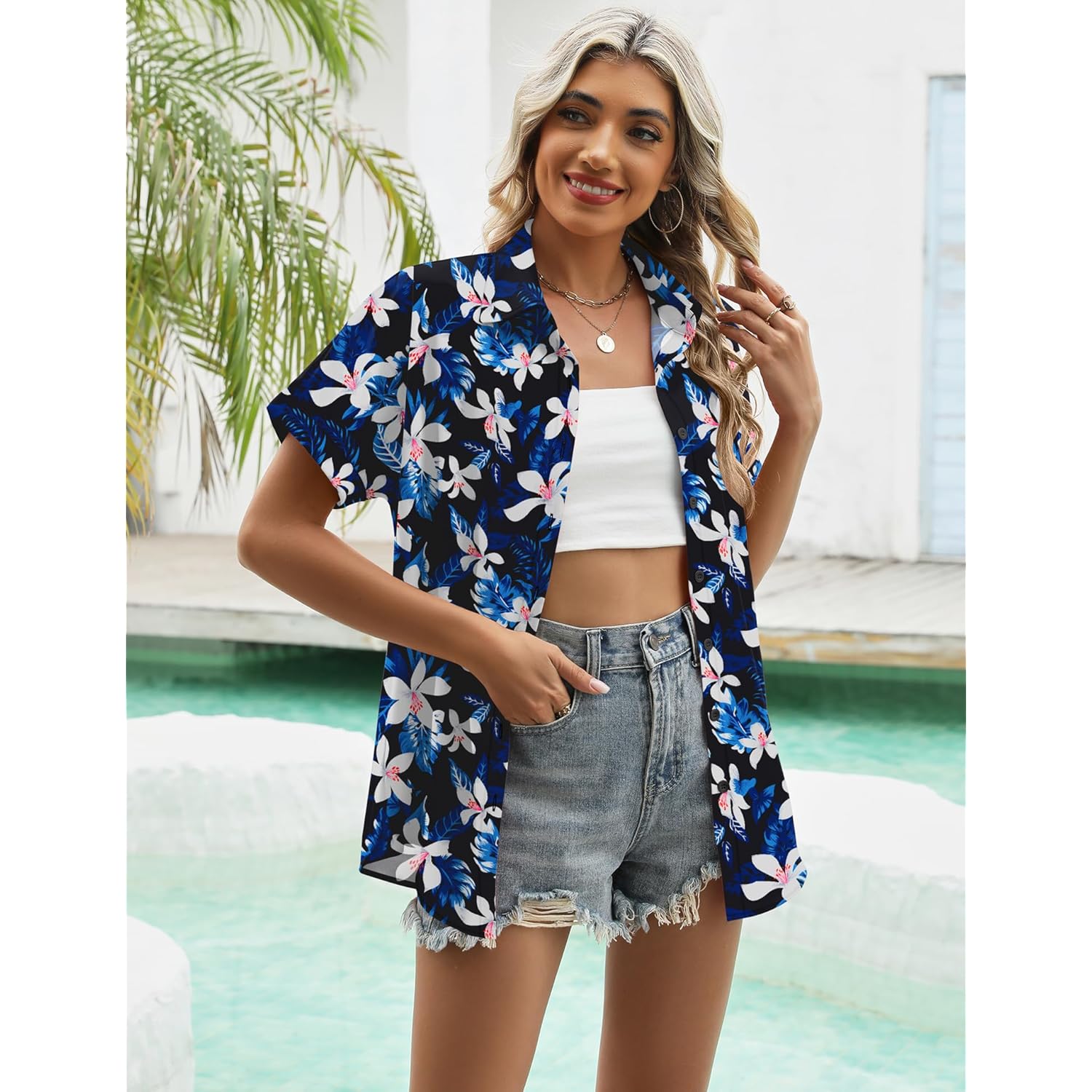 Women's Summer Hawaiian Shirts Floral Short Sleeve Button Down Shirts Hawaii Tropical Beach Tops Outfits