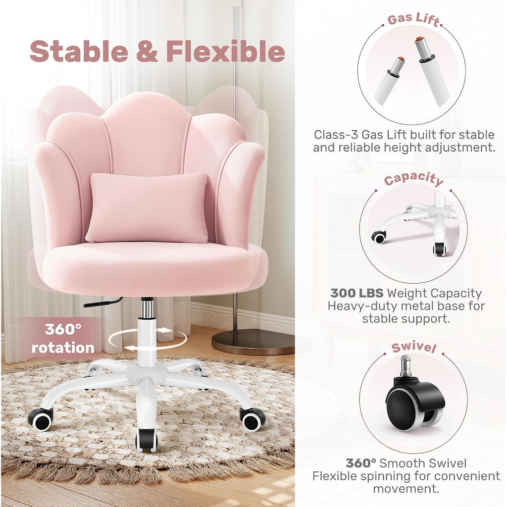Petal Vanity Chair With Wheels, 3.15" Extra Thick Comfy Makeup Chair, Adjustable Modern Swivel Armless Desk Chair For Girls Women, Aesthetic Small Office Chair For Bedroom Dorm, Pink