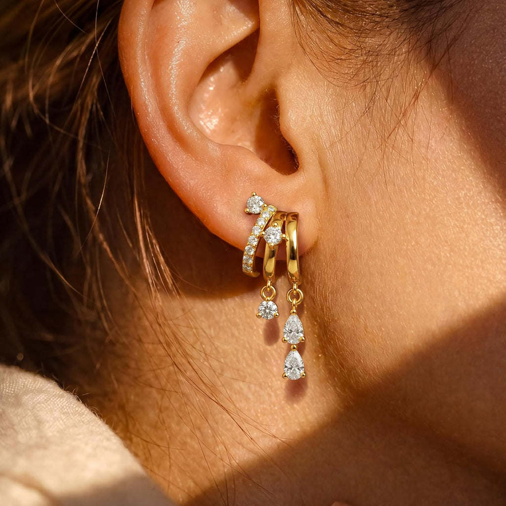 Triple Huggie Stacked Earrings for Women Gold Chain Drop Dangle Earrings Cute Statement CZ Earrings Trendy Dainty Jewelry Gift