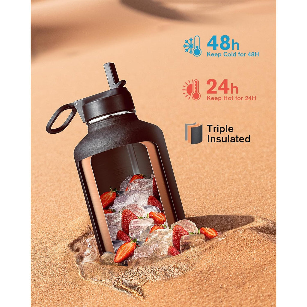 64 Oz Water Bottle Insulated With Straw & 3 Lids, Coolflask Large Metal Stainless Steel Water Jug Big Half Gallon Wide Mouth For Sports, Gym Or Hiking, Non-Bpa Keep Cold 48H Hot 24H, Magic Black