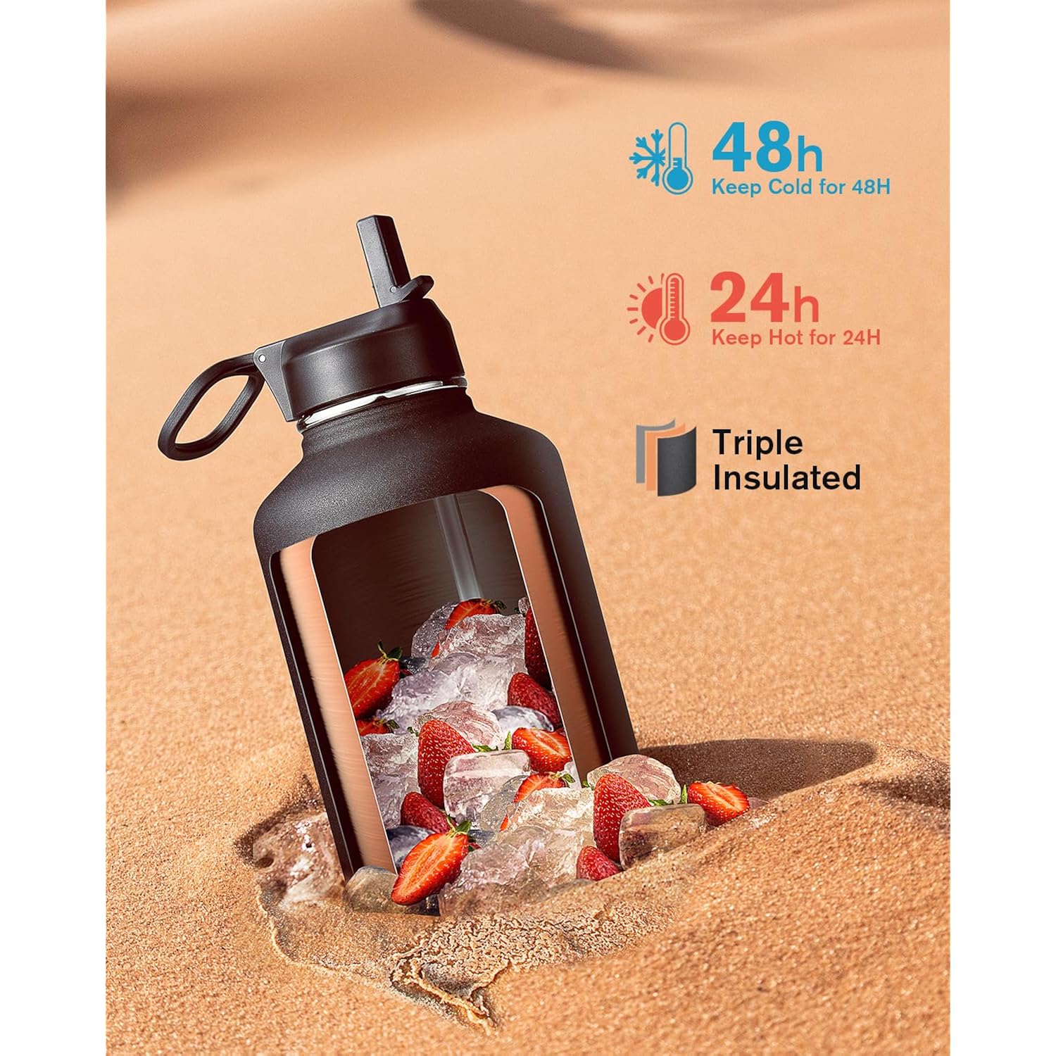 64 Oz Water Bottle Insulated With Straw & 3 Lids, Coolflask Large Metal Stainless Steel Water Jug Big Half Gallon Wide Mouth For Sports, Gym Or Hiking, Non-Bpa Keep Cold 48H Hot 24H, Magic Black
