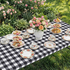Smiry Rectangle Picnic Table Cloth, Elastic Waterproof Fitted Vinyl Tablecloths, Flannel Backed Buffalo Plaid Table Covers for Dining, Camping, Outdoor (Black and White, 30" x 72")