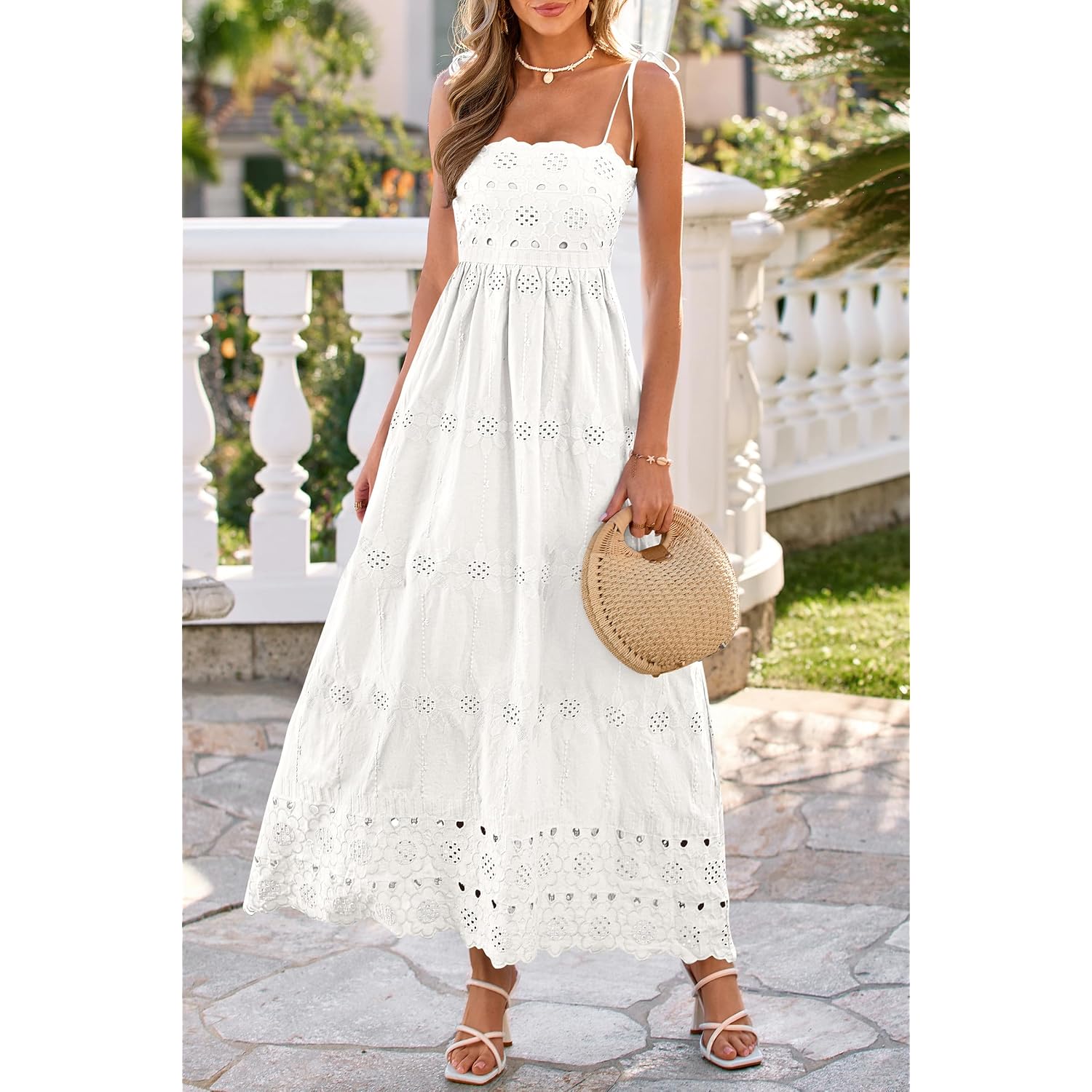 Dowerme Womens Summer Maxi Dresses 2026 Casual Spaghetti Strap Smocked Eyelet Cotton Dress Long Beach Vacation Sundress