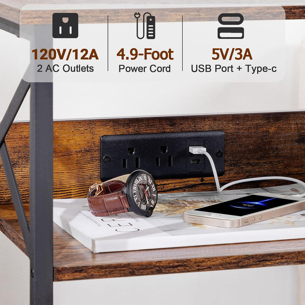 Amhancible Record Player Stand With Charging Station, Turntable Stand With Storage Cabinet, 3 Tier End Table Hold Up To 100 Albums, Record Table For Vinyl, Living Room, Rustic Brown, Hetcd01Br-1