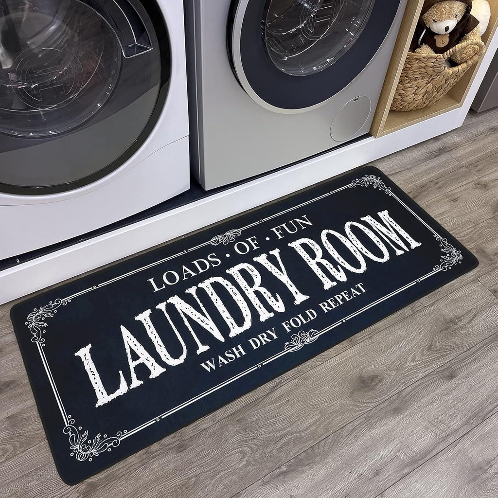 ROMAMIGO Non Slip Laundry Runner Rug - Farmhouse Kitchen Floor Mat for Mudroom and Bathroom - Black, 20 X 47 Inches