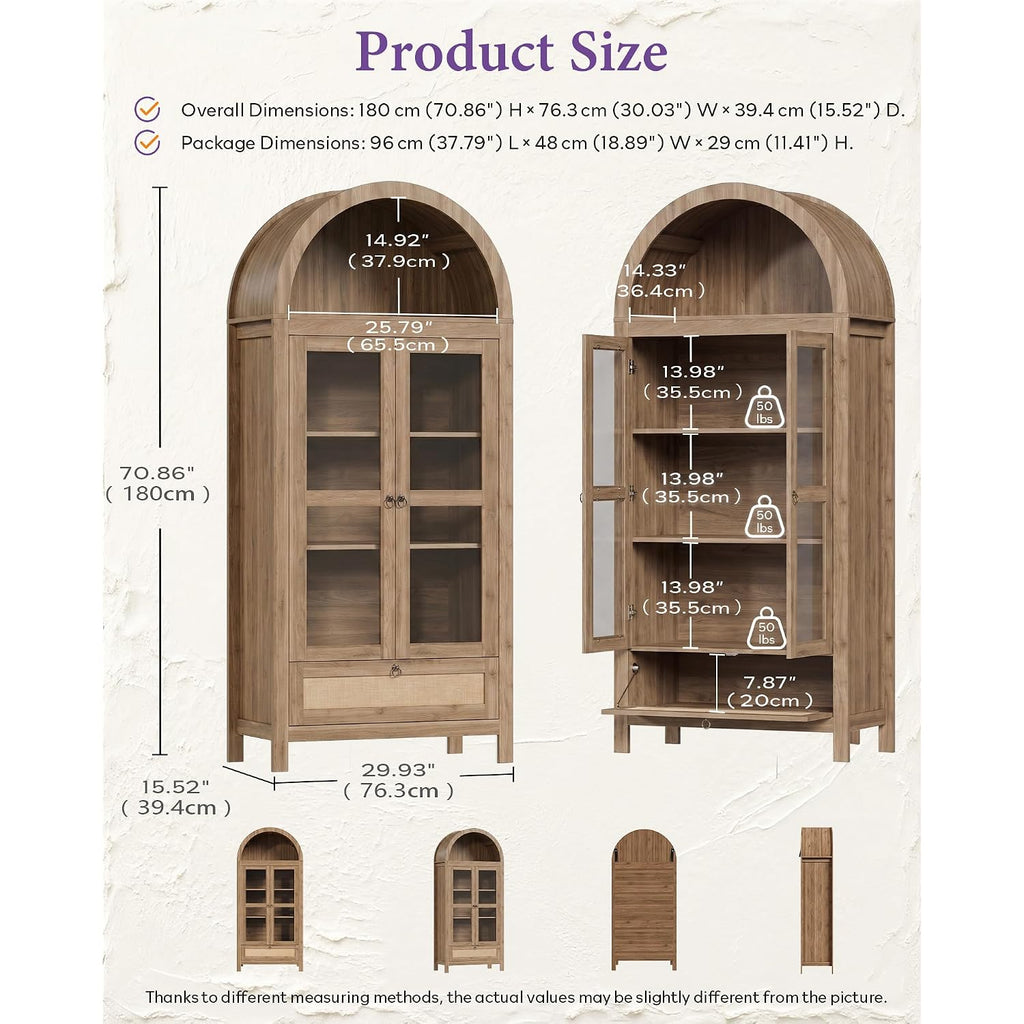 71" Tall Arched Pantry Cabinet With Innovative Drawer, Kitchen Cabinet With Anti-Tipping Device And Glass Door, Versatile Cupboard For Kitchen, Dining, Natrual