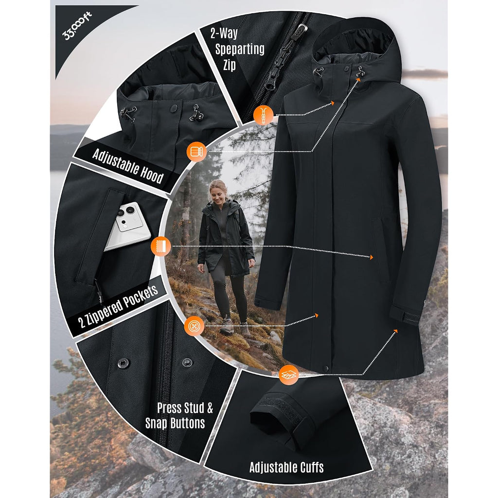 33,000Ft Women'S Waterproof Long Rain Coats With Mesh-Lind Breathable Rain Jacket With Hood Trench Coats Windbreaker