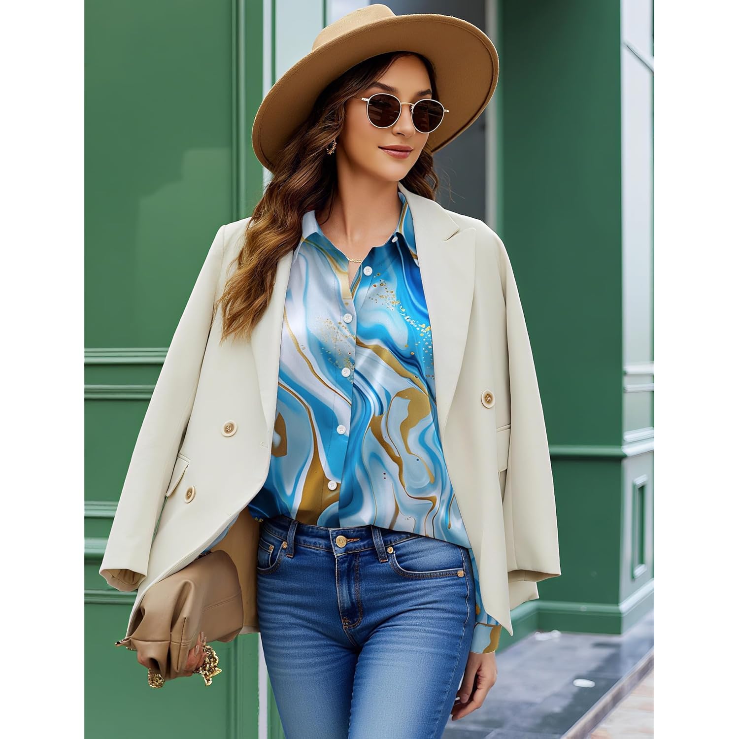 Button Down Shirt for Women Long Sleeve Blouses Floral Printed Tops Business Casual Work Outfits S-XXL