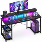 Odk 48 Inch Gaming Desk With Led Lights, Computer Desk With Monitor Stand & Storage Shelves, Cpu Stand, Home Office Desk, Black