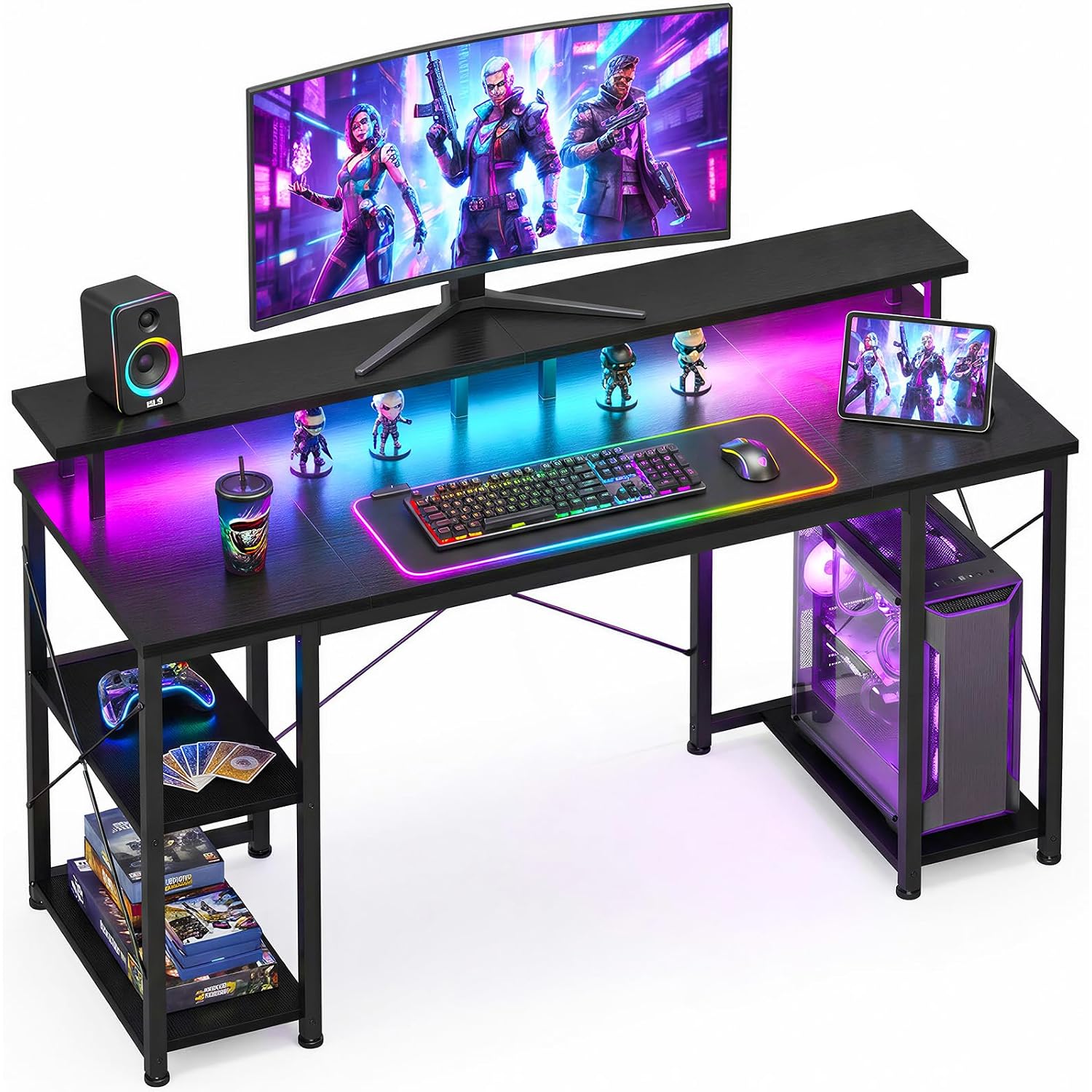 Odk 48 Inch Gaming Desk With Led Lights, Computer Desk With Monitor Stand & Storage Shelves, Cpu Stand, Home Office Desk, Black
