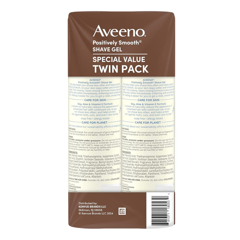Aveeno Positively Smooth Moisturizing Shave Gel with Soy, Aloe & Vitamin E helps Prevent Nicks, Cuts & Razor Bumps, Creamy Shave Gel for a Close, Smooth Shave, Lightly Fragranced, Twin Pack, 2 x 7 oz