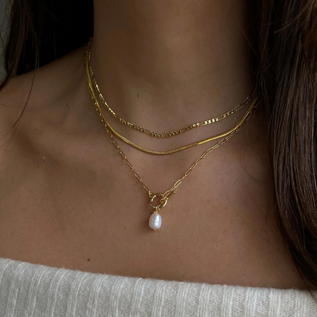 Layered Gold Necklaces for Women, Dainty 14K Gold Plated Cute Pearl Pendant Necklace Jewelry Set Stackable Toggle Chain Choker Collar, Trendy Waterproof Non Tarnish Jewelry Gift